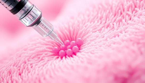Imagem de uma seringa com bioestimulador de colágeno sendo injetado em um aglomerado de tecido rosa. Conceito de flacidez íntima e tratamento com bioestimulador.