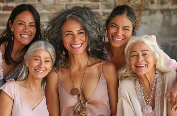 Diferentes mulheres lindas, de diversas raças e idades, sorriem felizes sentadas próximas umas às outras.