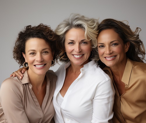3 lindas mulheres na faixa etária dos 40/50 anos abraçadas e sorridentes.