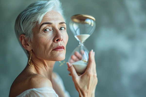 Mulher madura séria, com cabelos curtos e grisalhos, segura uma ampulheta na mão - significando a contagem do tempo no climatério.