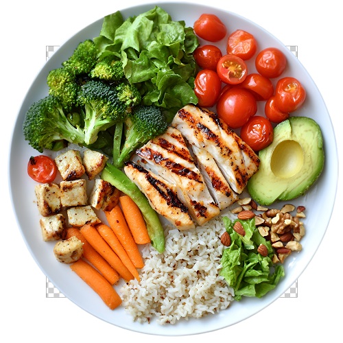 Prato com alimentos saudáveis: brócolis, tomate, cenoura, frango, abacate, etc.